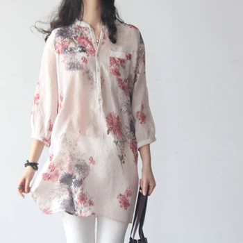 Lenjerie De Pat Din Bumbac Tricouri Femei Vintage Moda Print Floral Bluze Casual, Topuri Largi De Sex Feminin Cămașă Lungă Blusas Tunica Stil Chinezesc
