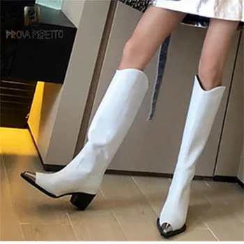 Prova Perfetto Femei Cizme Genunchi Ridicat Pantofi de Cald Metal decorate Subliniat Toe Sexy si Damele de Tocuri inalte Cizme Femei Botas Mujer