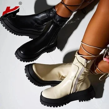 NAN JIU MUNTE 2021 Femeie Cizme de Toamna Culoare Solidă la Mijlocul Tubului Cizme Dantelă de Moda în aer liber, Pantofi pentru Femei, Plus Dimensiune 43