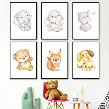 Elefant, Iepure, Urs Hipopotam Rață, Pisică, Câine Pepinieră Arta De Perete Panza Pictura Nordică Postere Si Printuri Decor Poze Camera Copii Copil