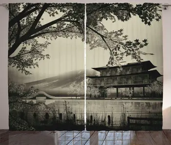 Asiatice, Fereastră Perdele Lungi De Expunere Clădire Tradițională Imagine Ilustrare Camera De Zi Dormitor Decor 108 X 96 Cm Sepia
