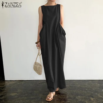 ZANZEA 2021 Elegant Solid Maxi Rochie de Vara pentru Femei Sundress Ocazional fără Mâneci rochițe scurte fără mâneci Vestidos Plajă Feminin Haina Plus Dimensiune