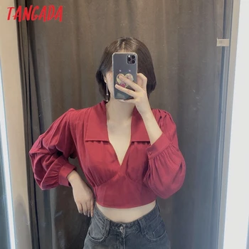Tangada femei retro roșu cultură camasa tunica cu maneci lungi 2020 chic feminin sexy scurte stil camasa top 6P51