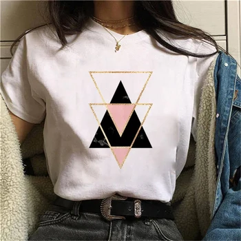2021 Noi de Vara Geometrie Imprimate T-shirt Femei Alb cu Maneci Scurte T Shirt Harajuku Y2k Gât Topuri Tee de sex Feminin Casual Tricou