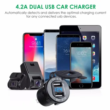 Universal Aliaj de Aluminiu Incarcator de Masina 4.2-Un Impermeabil Dual USB Încărcător Cu LED-uri Voltmetru, Afișează Siguranță de 10A Pentru Masina Motocicleta