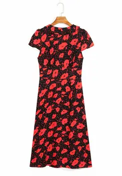 De moda rochie de vara v-neck mâneci scurte butoane elegant florale de imprimare roșu midi holiday beach rochie femei femme vestidos