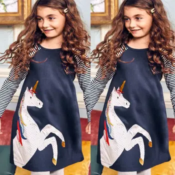 Printesa Copii Fete Copii Unicorn Rochie De Imprimare Cu Dungi Rochie De Petrecere, Rochii Casual