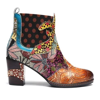 Femei vintage PU pantofi de piele de femeie Toc Patrat Toamna Iarna Pantofi Despicare Tipărite Cizme Glezna cizme Scurte 2020
