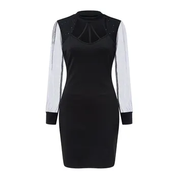 Culoare negru Plasă de Lipitură de design de Moda pentru Femei Broderie Plasă Sexy Retro Elegant Cioplire Petrecere de Club Dressress V-neck Dress