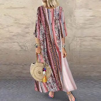 Femei Imprimate Rochie 2021 ZANZEA Vara Maxi Sundress Moda Casual Mozaic cu Dungi Vestidos de sex Feminin O de Gât Halat Supradimensionate