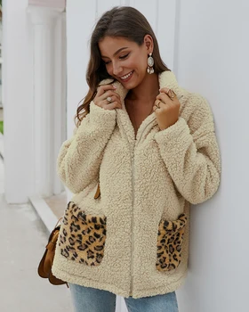 2019 Iarna Nou Stil Pentru Femei Lână Blană Haină Călduroasă Sacou Leopard Buzunar Maneca Lunga Cu Fermoar Moda Sacou Haina Uza