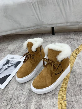 Vaca Piele De Căprioară Real Lână Cizme Rotund Toe Zapatos De Mujer 2020 Designer De Brand De Lux Pentru Femei Pantofi De Iarna Plus Catifea Cald Cizme De Zăpadă