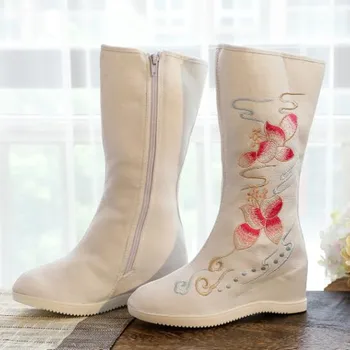 Toamna Femeie de Epocă de la Jumătatea Vițel Cizme Florale Broda Înălțime a Crescut Doamnelor Papuceii Etnice Dans Pantofi pentru Femei Zip Boot