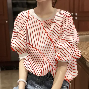Roșu cu Dungi, Bluze Femei de Vară Subțire cu mânecă Scurtă, Tricouri Puff Maneca Noi Maneca Vrac 2020 Nou Stil de Femei Topuri Gât Rotund