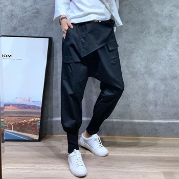 Femei Negru Largi Scăzut Picioare Pantaloni Buzunare Cargo pantaloni Hip Hop Pantaloni Harem stil Japonez streetwear Prietenul Joggeri