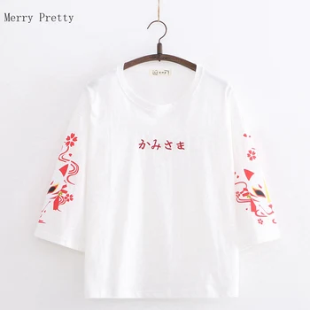 De Vară 2020 Femei Din Bumbac T-Shirt De Moda Desene Animate Embroiery Bază Topuri Scurte Gât Rotund Maneca Vrac Femeie Din Japonia Harakuju Topuri