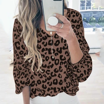 Foridol casual v gât lantern maneca bloue tricou leopard de imprimare topuri plus dimensiune bluza pentru femei toamna iarna bluza vrac femininas