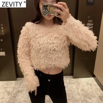 Zevity 2021 Femei De Moda Pene Decor Slim Scurt, Jachete Femei De Bază O De Gât Tricotate Hanorace Pulovere Chic Topuri S626