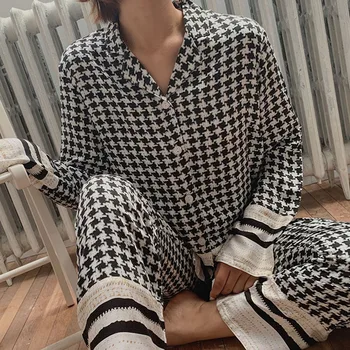 2020 Toamna Moda Femei Pijamale Pijama Set Moale Confortabil Vascoza cu mâneci Lungi Costum Roșu Net Houndstooth Print Uzura Acasă
