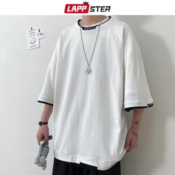LAPPSTER Bărbați Fals Două Piese 6 Culori Solide Tricouri de Vară 2020 Harajuku Moda coreeană Bumbac Negru T-shirt, Bluze Casual Tricouri