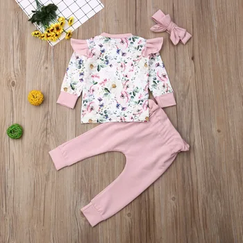 2019 Toamna Copil Nou-născut Fata Maneca Lunga Florale T-shirt, Blaturi Harem Pantaloni Lungi Pantaloni Bentita 3PCS Set Haine pentru Copii