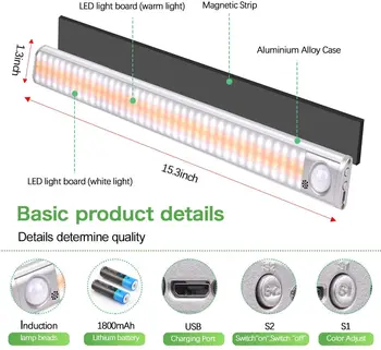 LED Lumina de Noapte Senzor de Mișcare Cabinet Lumini Wireless USB Dulap 3 Lumini de Culoare reglabil luminozitatea Lămpii de Bucătărie, Garderobă