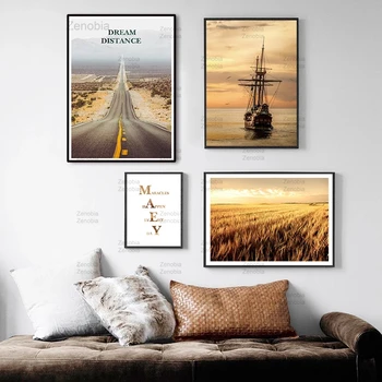 Nordic Scandinav Panza Pictura Landascape HD Postere si Printuri Cerb Barcă cu pânze Autostrada Câmp de Grâu Arta de Perete Decor Acasă
