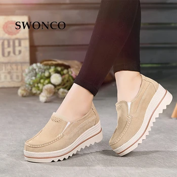 SWONCO Pantofi pentru Femei 2018 Primavara Toamna Piele naturala platforma adidasi alunecare pe pantofi casual femei adidași wedge pentru femei