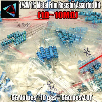 560pcs 1/2W 1% 56 Valorile 1R-10M ohm Rezistențe cu Film Metalic Asortate kit