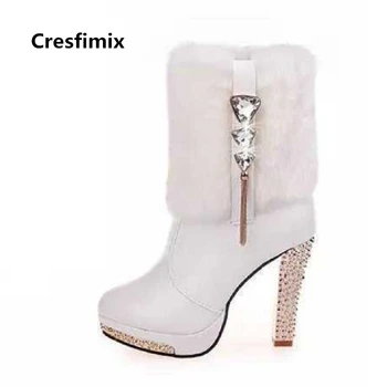 Cresfimix botas femininas femei de moda de toamnă și de iarnă de înaltă calitate sip pe pantofi albi doamna drăguț pu negru din piele cizme b2658