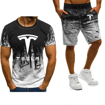 De Vară 2020 nou T-shirt Tesla Masina Logo-ul de Imprimare Gradient Casual maneca Scurta Bumbac de înaltă calitate pentru Bărbați tricou+pantaloni scurți costum 2 buc