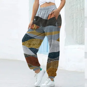 2020 Femei Elegante de Epocă Munte de Imprimare de Înaltă Talie Pantaloni Toamna Talie Elastic Lung SweatPant Casual Vrac Buzunar Pantaloni 5XL