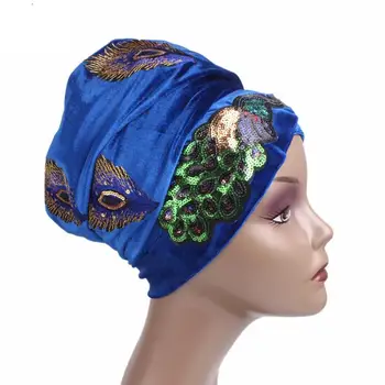 Femeile Arabe Ramadan Coada Lunga Capace Musulman Africa Pălărie Eșarfă Turban Pălării Headwrap Elegante, Paiete Păun Broderie De Catifea Nou