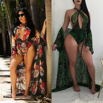 Femei Florale Bikini Pe Plajă A Acoperi Până Rochie De Plajă De Vară Costum De Baie Topuri Set