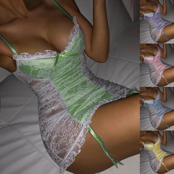 Plus Dimensiunea îmbrăcăminte de noapte S-5XL Sexy Sleepwear Seara V-gât Bretele Mozaic Reglabil Dantelă Florale Spaghete Cămașă de noapte pentru Femei