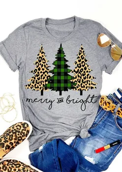 Vesel Și Luminos Scrisoare Leopard Carouri Pomi de Crăciun de Imprimare Femei tricou Drăguț Grafic Tricouri Casual Ulzzang Harajuku T-shirt