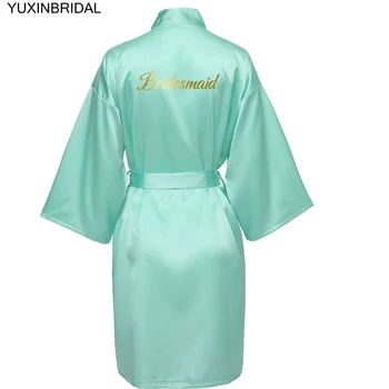 Satin kimono-halat Femei Alb Verde Mentă de Satin de Mătase Mireasa, domnisoara de Onoare Haina de Nunta Mireasa Halat de Pijamale de Aur de Imprimare