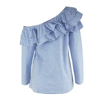 Moda pentru Femei albastru cu dungi albe pe Un Umăr Bluza Volane Maneca Lunga Casual pentru femei bluza bluze top plus marimea S la 2XL