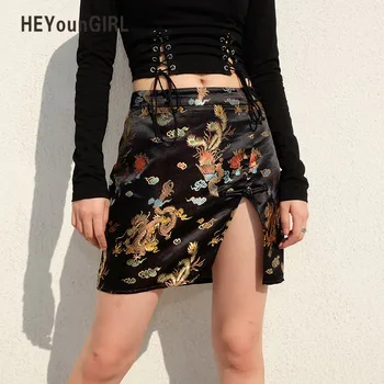 HEYounGIRL Chineză Stil Bodycon Scurt Fusta Mini Imprimate Casual Negru, Fusta Cu Talie Inalta Split Partea Creion Fuste Femei Vintage