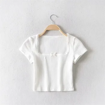Tricotate t-shirt femei bază solidă tricou femei casual alb de sus a culturilor tricou negru cu maneci scurte crop top tie front top coreeană