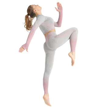 Tricotate fără Sudură 2 BUC Yoga Set Maneca Lunga Top de Cultură de Mare Elastic Talie Jambiere Haine de Antrenament Pentru Femei, Sala de Fitness Costum