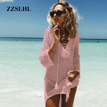 ZZSLHL 2020 Nou Plaja Acoperi Bikini Croșetat Tricotate Tassel Tie Beachwear de Vara costume de Baie de Acoperire-Up Sexy Rochie de Plaja