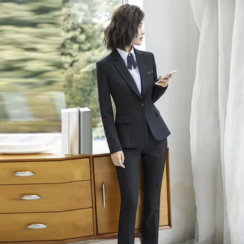Uniforma de Costume de Afaceri de Primăvară Sacou Negru Feminino cu Pantaloni Slim Elegant de Birou, Costume pentru Femei de Îmbrăcăminte, 4XL