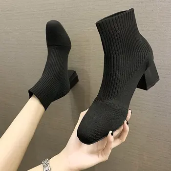 Moda Glezna Cizme Pentru Femei Pantofi Pentru Femeie Ciorap Elastic Cizme Tocuri Indesata Întinde Toamna Botine Sexy Degetul Ascutit Plus Dimensiune 40