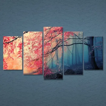 Modular Poze Arta de Perete Peisaj Panza Pictura Decor Acasă 5 Bucati Rosii Copaci de Pădure Poster HD Print Frame Pentru Camera de zi