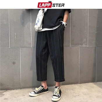 LAPPSTER Bărbați Harajuku Largi Picior Pantaloni Carouri 2020 Hip Hop Pantaloni Harem Masculin Vintage Moda pantaloni de Trening Negru cu Dungi Pantaloni Joggers