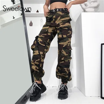 Sweetown New Sosire 2019 Streetwear Camo Cargo Pantaloni Femei Plus Dimensiune Talie Mare Pantaloni De Camuflaj Buzunare Pantaloni Casual De Toamna