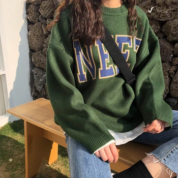 3 culori 2019 toamna și iarna coreeană stil vintage scrisoare cu maneca lunga-pulover gros pulovere tricotate femei (X200)