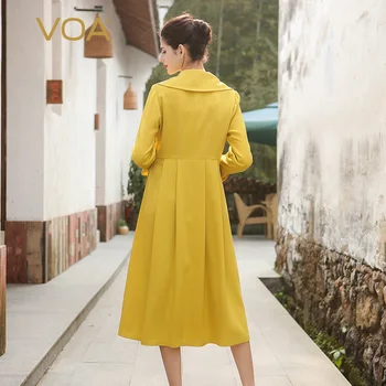 VOA 2020 Moda Toamna Scurtă Solid Galben Flare Sleeve Grele de Mătase Trenci ofițeresc Plus Dimensiune Talie Mare Slim pentru Femei Haină Lungă F7553