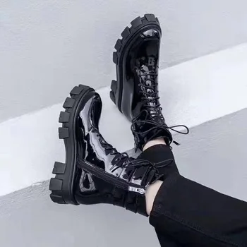 Noi femeile glezna cizme toamna iarna din piele de brevet de scurtă pantofi platforma femeie tocuri groase petrecere punk pantofi de club de bază cizme